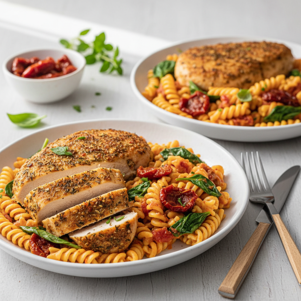 Award-Winning Mediterranean Herb-Crusted Chicken with Sun-Kissed Legume Pasta
