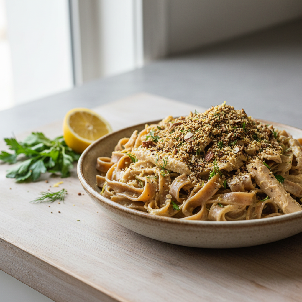 Golden Embrace Chicken & Noodle with Toasted Almond Dukkah