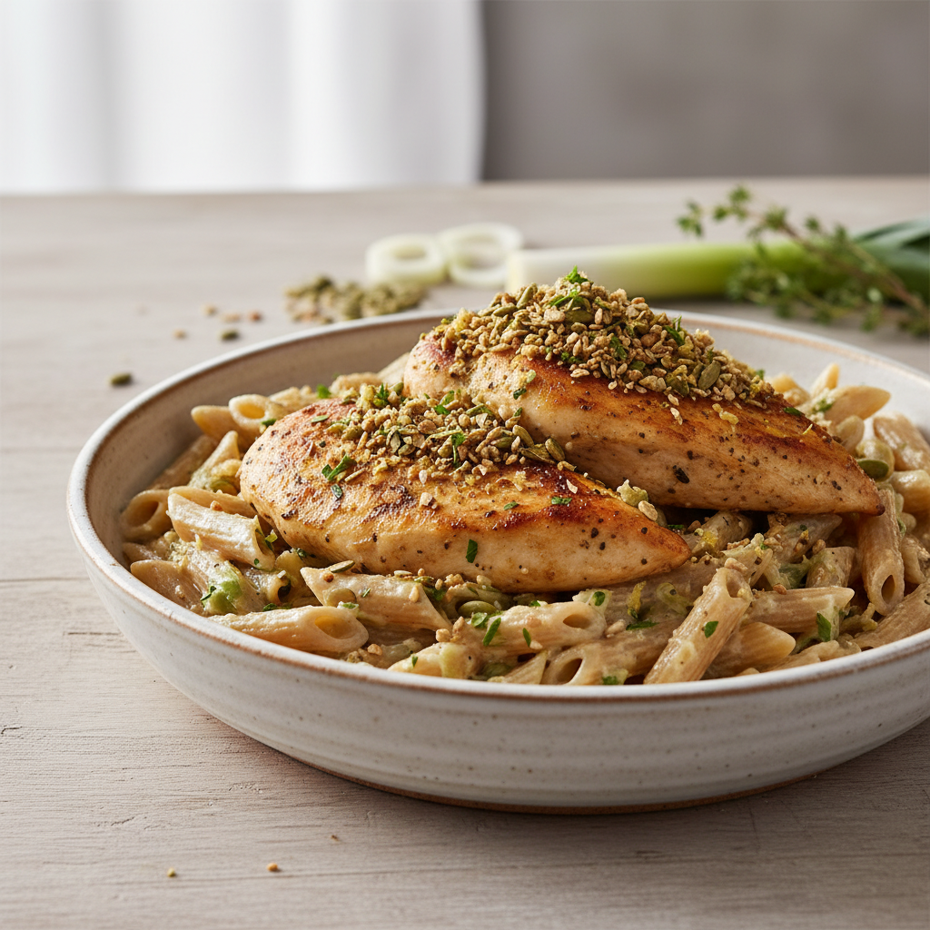 Golden Embrace Chicken & Penne with Creamy Leek-Fennel Sauce and Toasted Pepita Gremolata