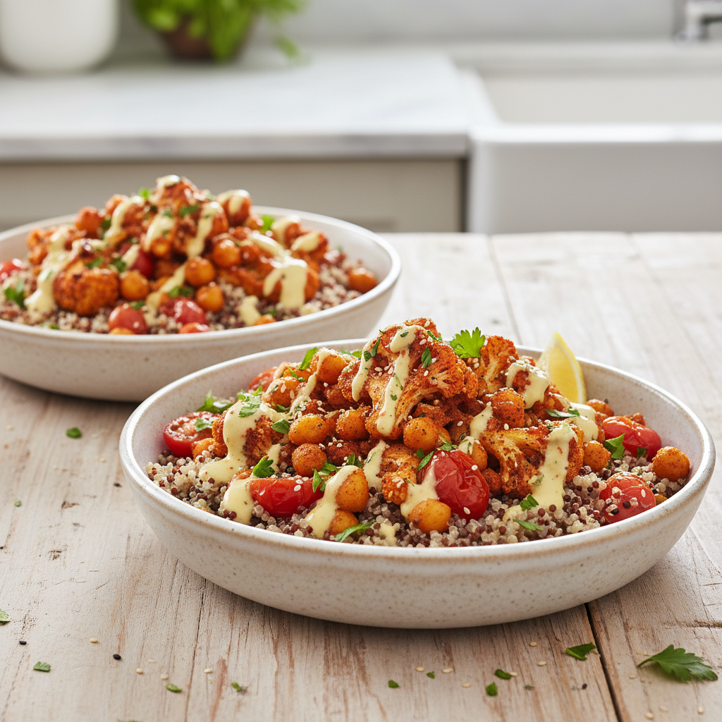 Harissa-Spiced Cauliflower & Chickpea Quinoa Bowls with Lemon-Tahini Drizzle