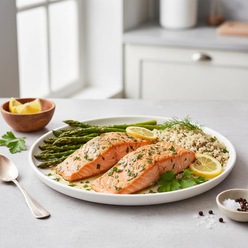 Lemon Herb Baked Salmon with Roasted Asparagus and Quinoa