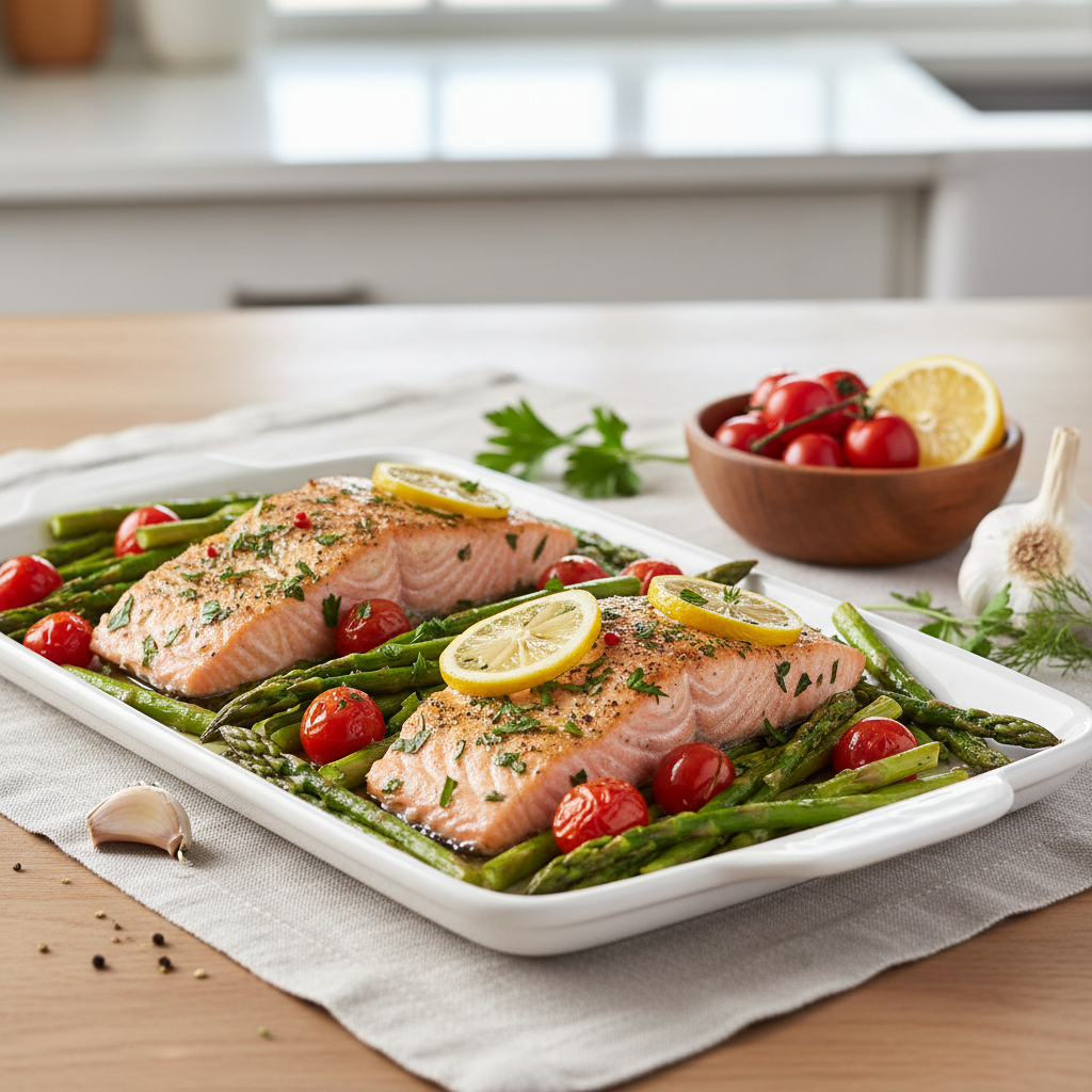 Lemon Herb Roasted Salmon with Asparagus and Cherry Tomatoes