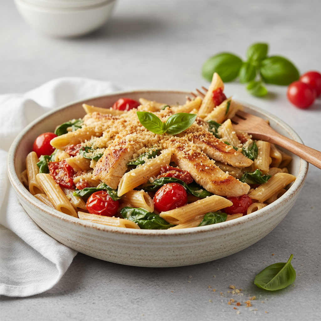Mediterranean Golden Penne: Creamy Chicken with Roasted Tomatoes & Basil