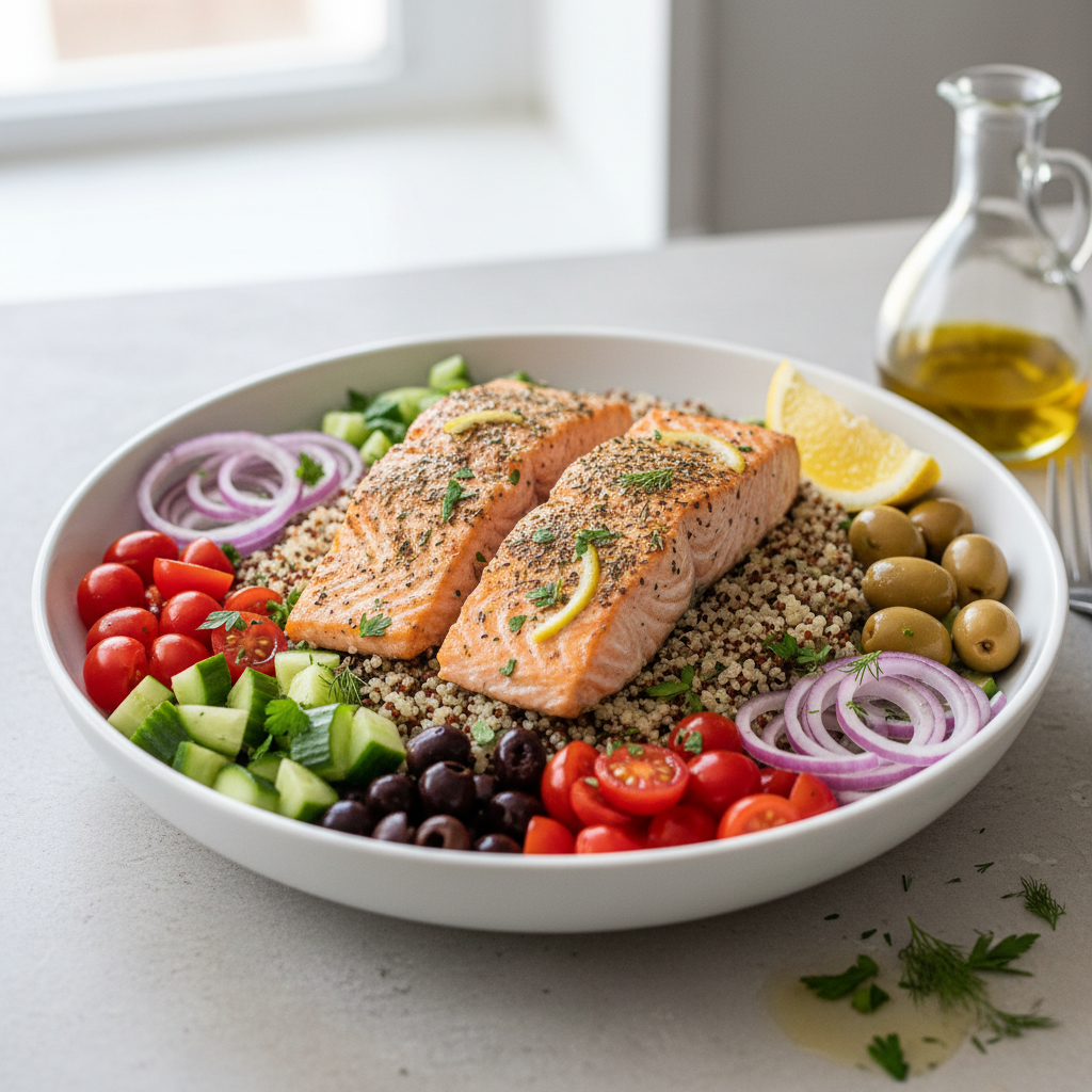 Mediterranean Quinoa Bowl with Lemon-Herb Salmon